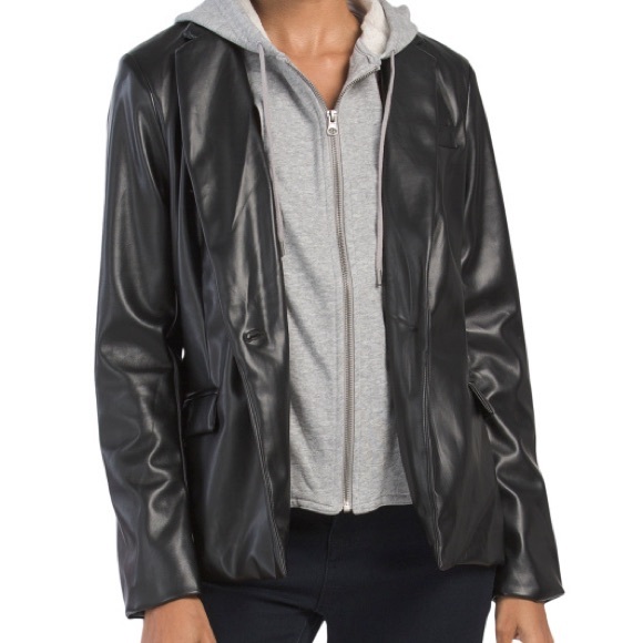 NEW RACHEL ZOE Hoodie Faux Leather Blazer Sz L - Picture 1 of 5